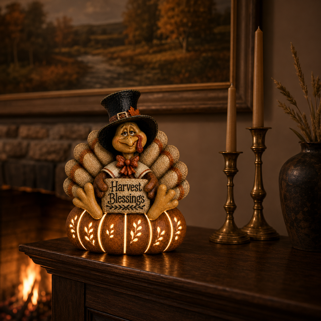 Lighted Harvest Blessings Turkey Decor