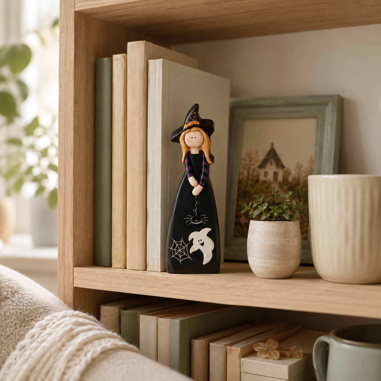 Whimsical Wooden Halloween Witch Figurines