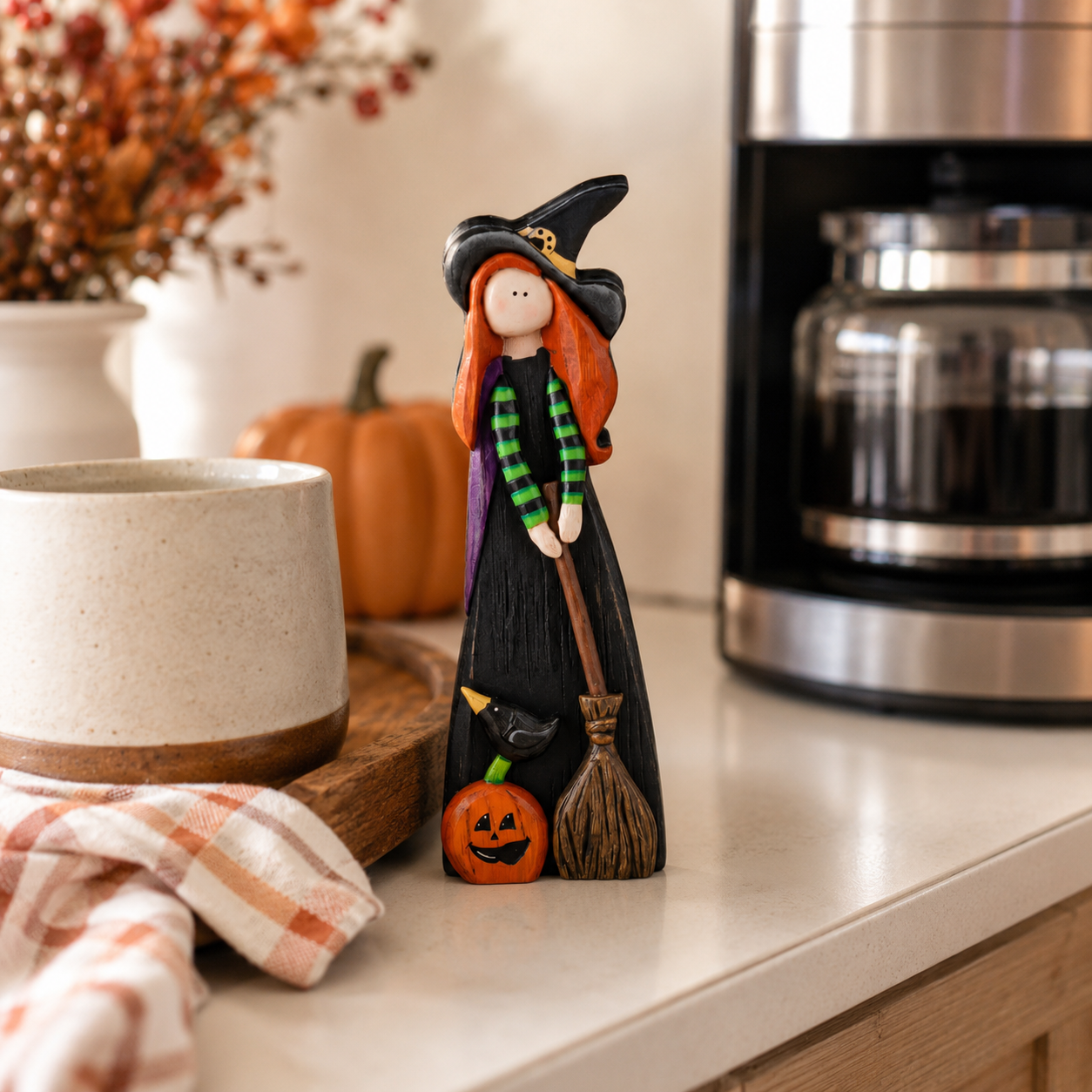 Whimsical Wooden Halloween Witch Figurines