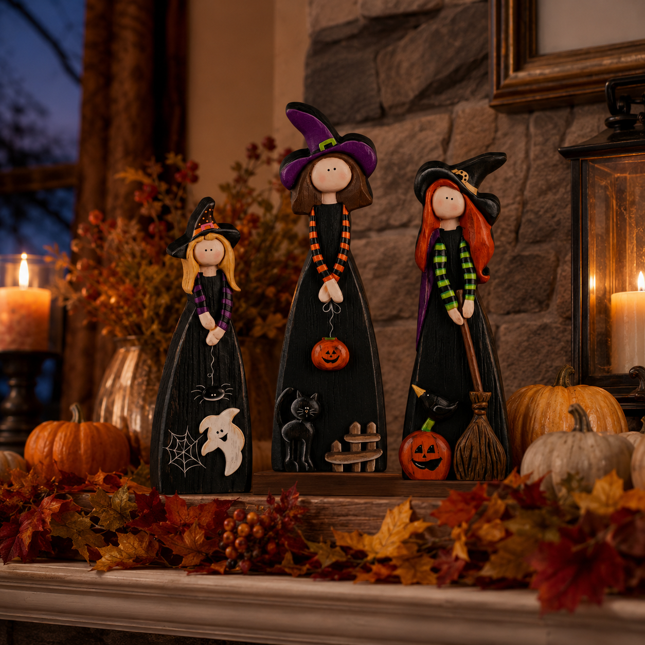 Whimsical Wooden Halloween Witch Figurines