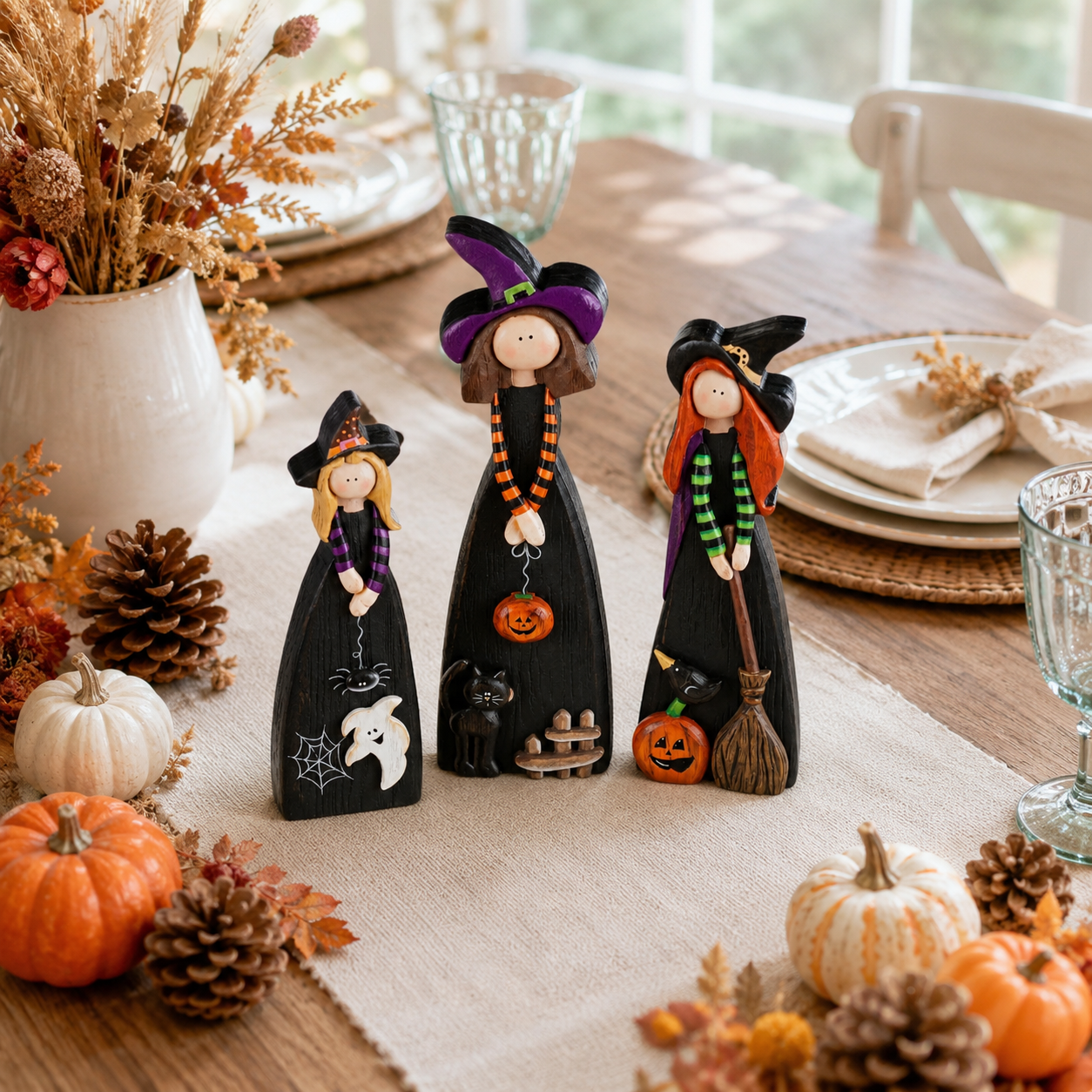 Whimsical Wooden Halloween Witch Figurines