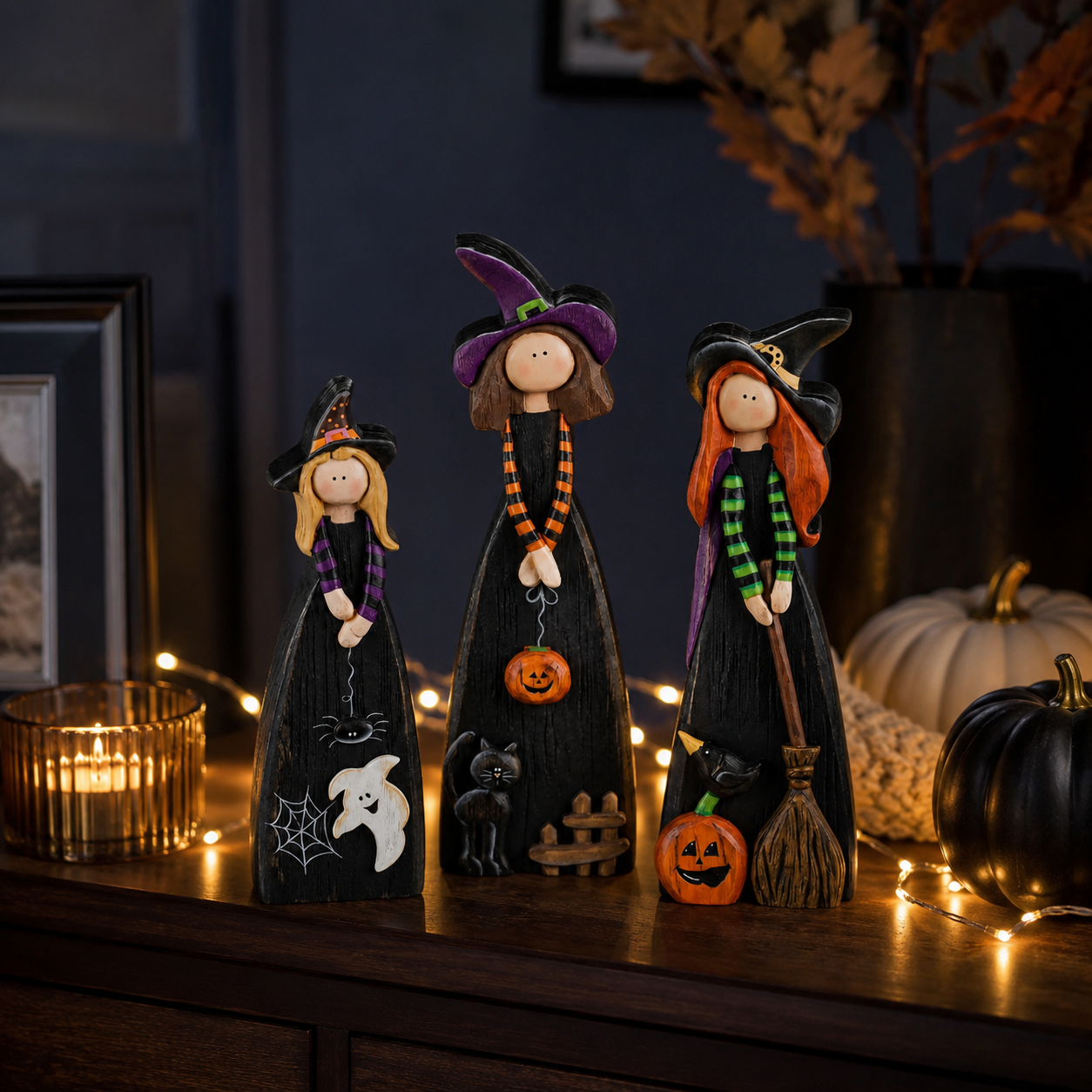 Whimsical Wooden Halloween Witch Figurines