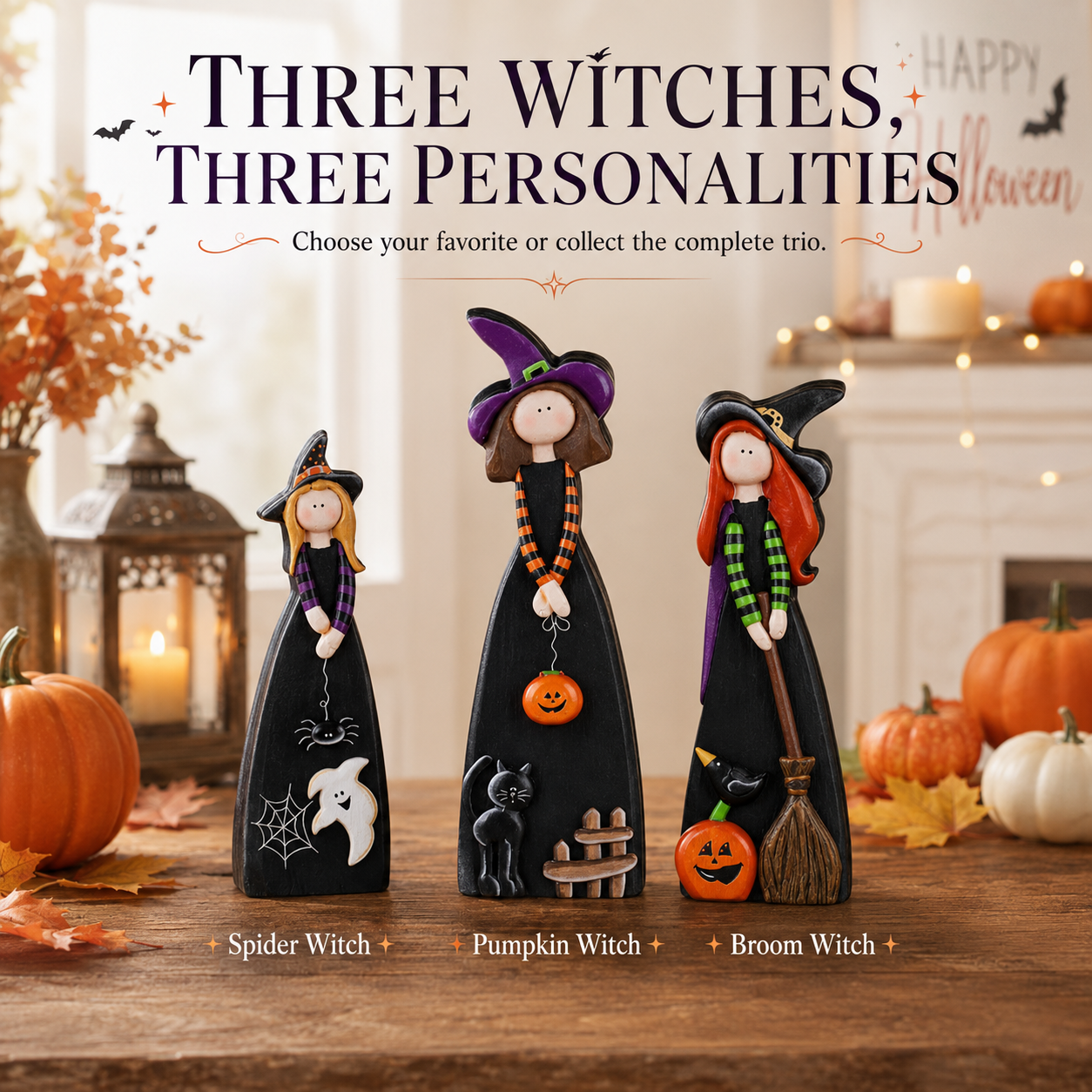 Whimsical Wooden Halloween Witch Figurines