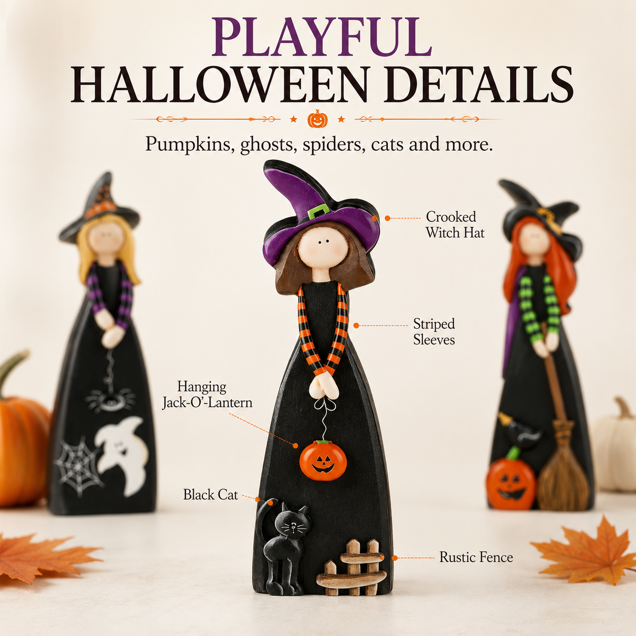 Whimsical Wooden Halloween Witch Figurines