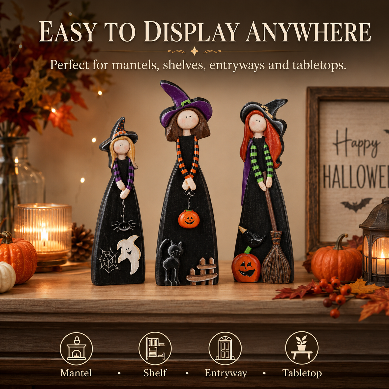 Whimsical Wooden Halloween Witch Figurines