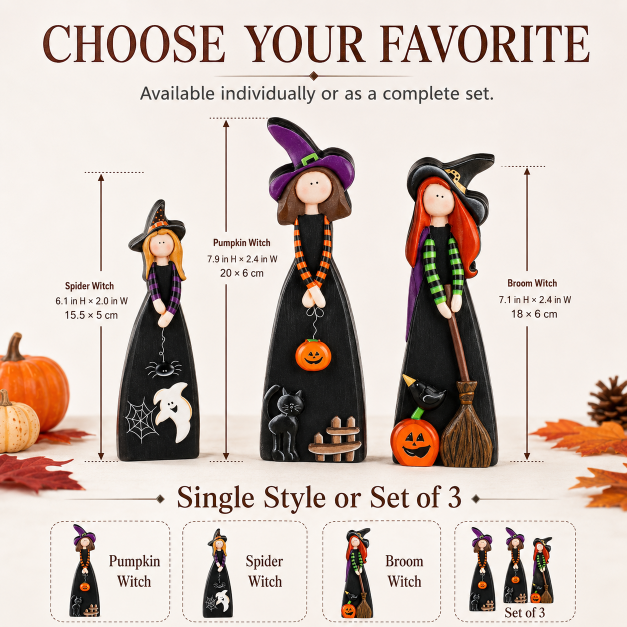 Whimsical Wooden Halloween Witch Figurines