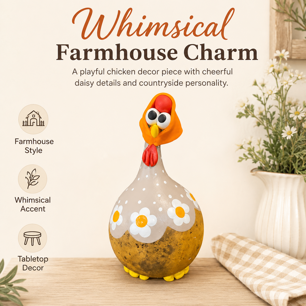Whimsical Daisy Chicken Farmhouse Decor