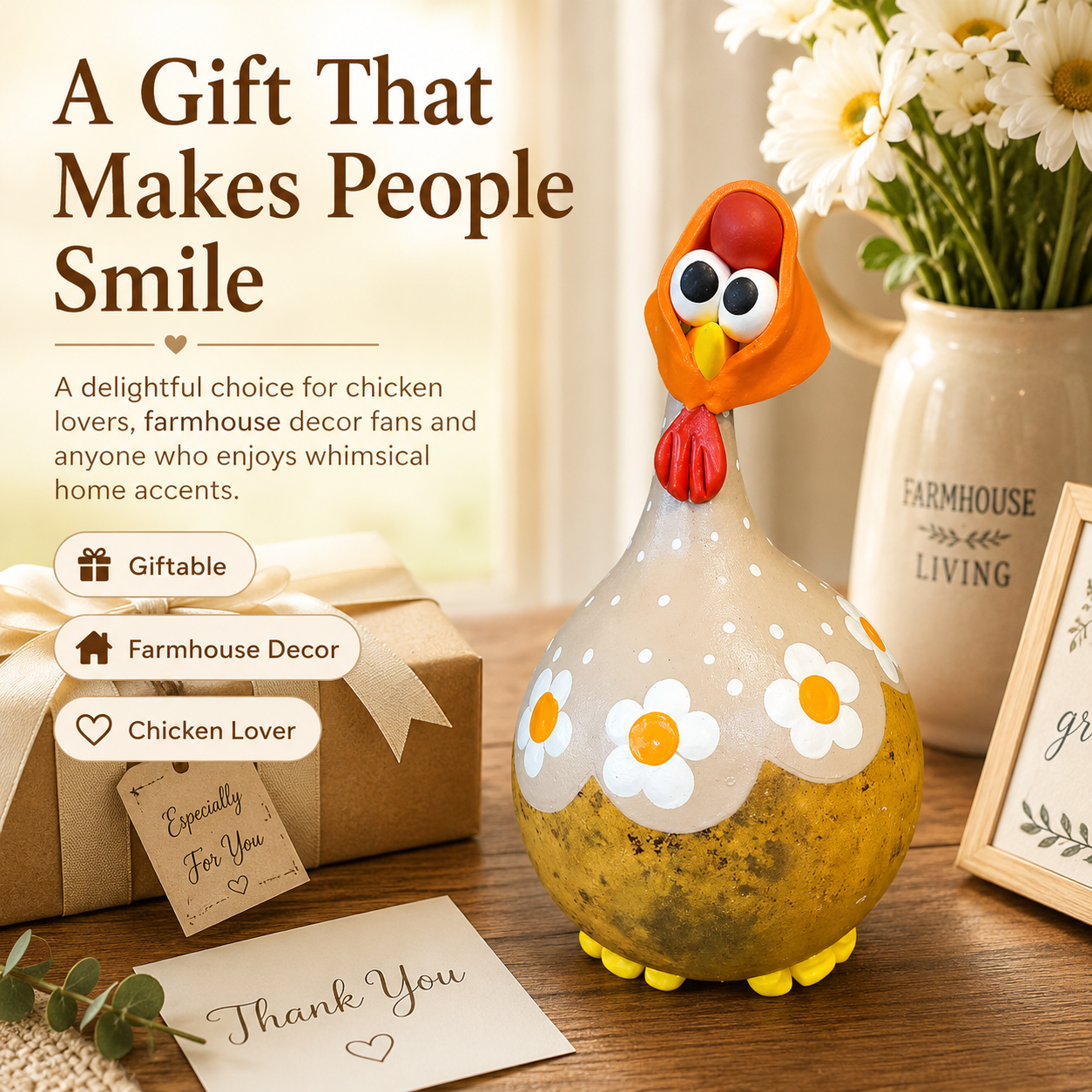 Whimsical Daisy Chicken Farmhouse Decor