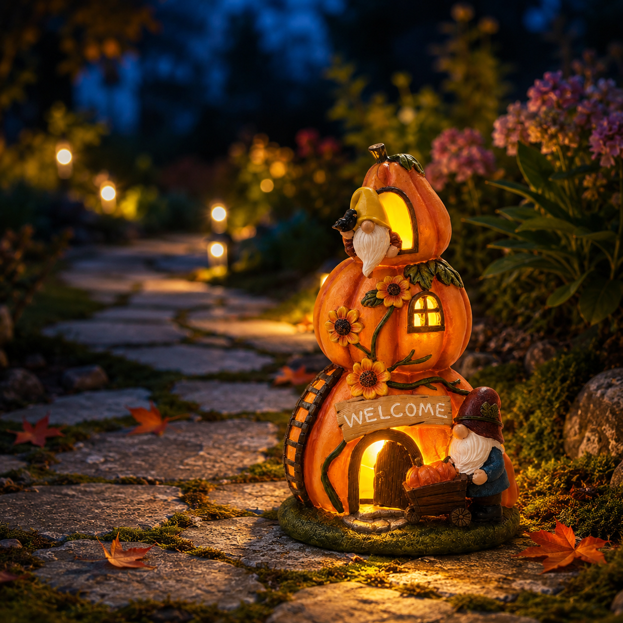 Solar Pumpkin Gnome House Garden Statue