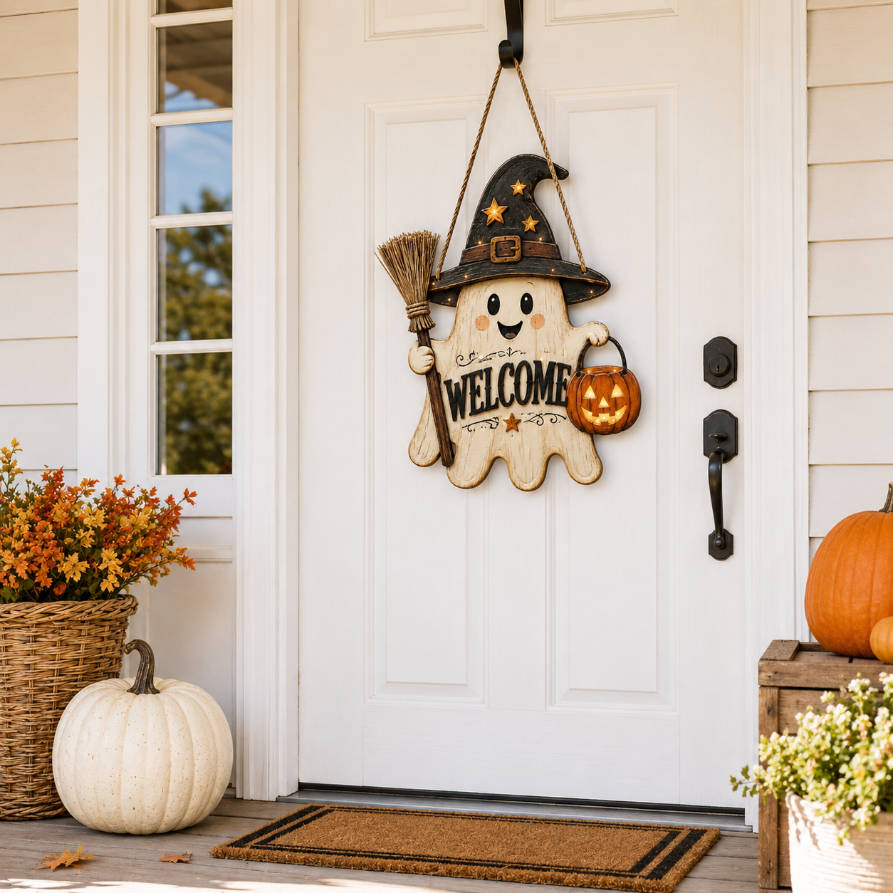 Lighted Ghost Witch Welcome Door Sign