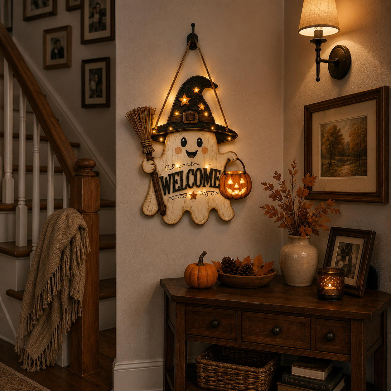 Lighted Ghost Witch Welcome Door Sign