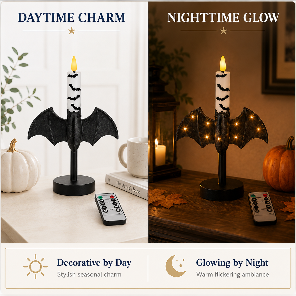 Lighted Bat Candle Holder with Remote-Control LED Candle