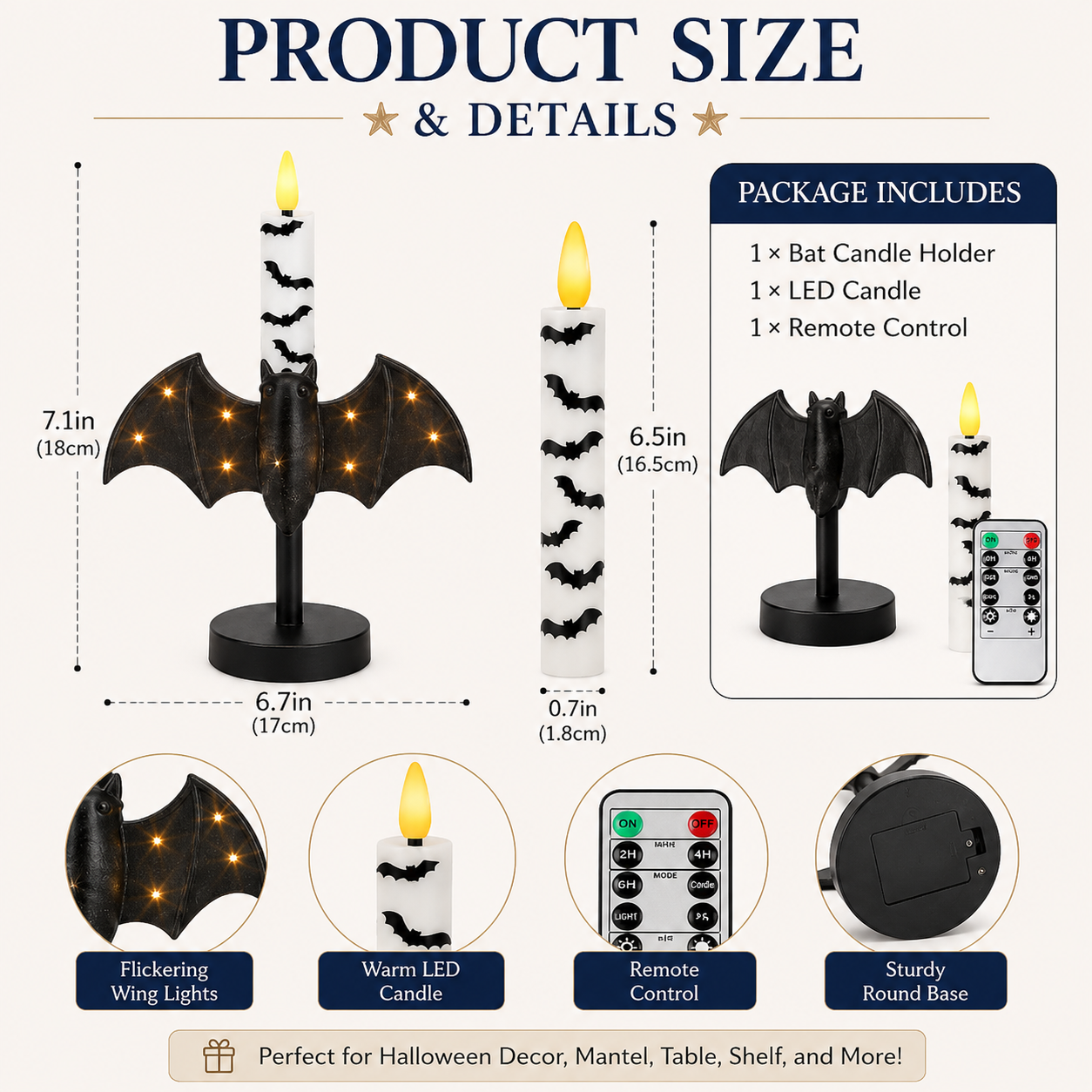 Lighted Bat Candle Holder with Remote-Control LED Candle