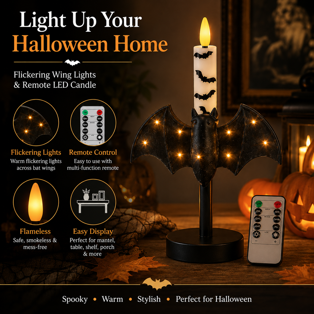 Lighted Bat Candle Holder with Remote-Control LED Candle