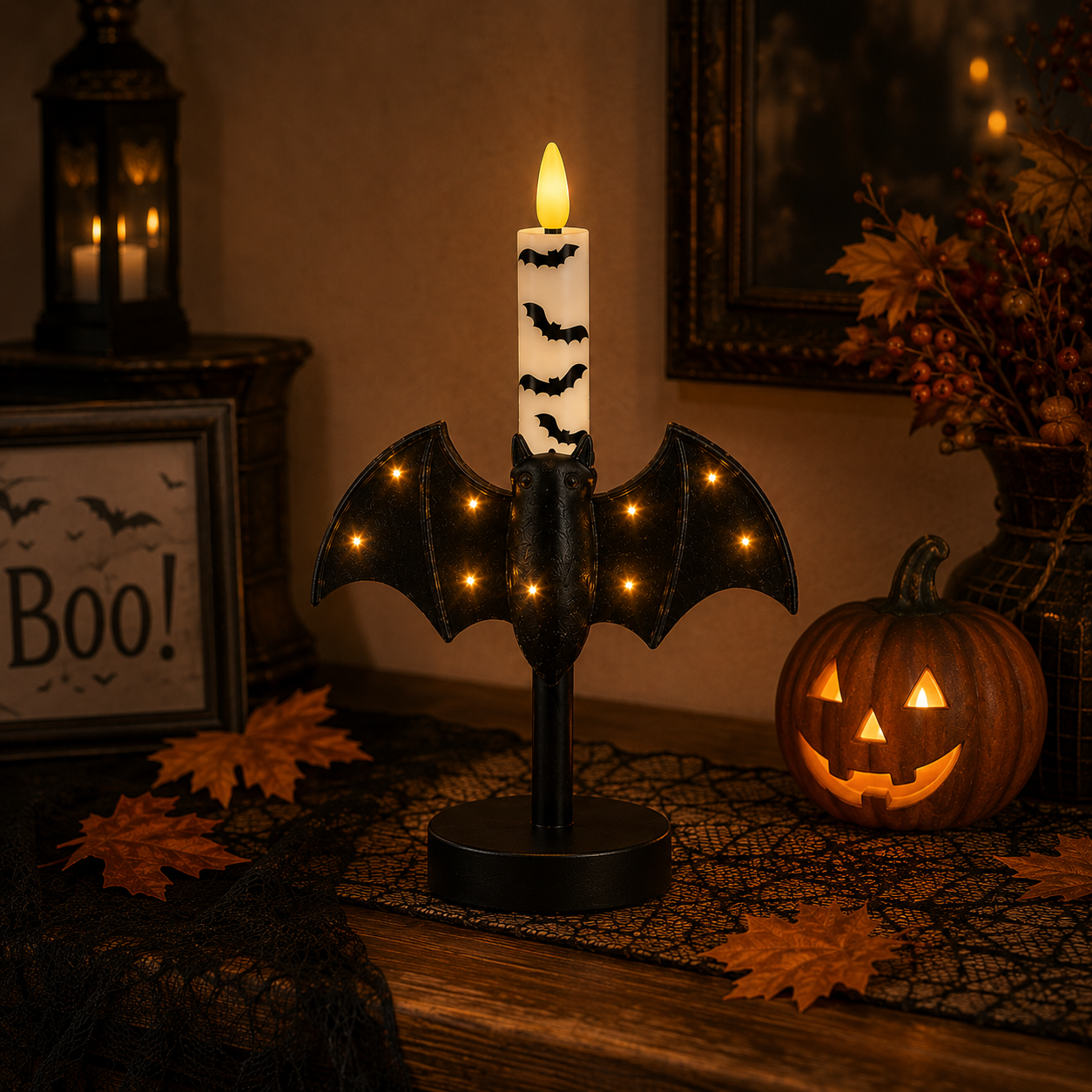 Lighted Bat Candle Holder with Remote-Control LED Candle