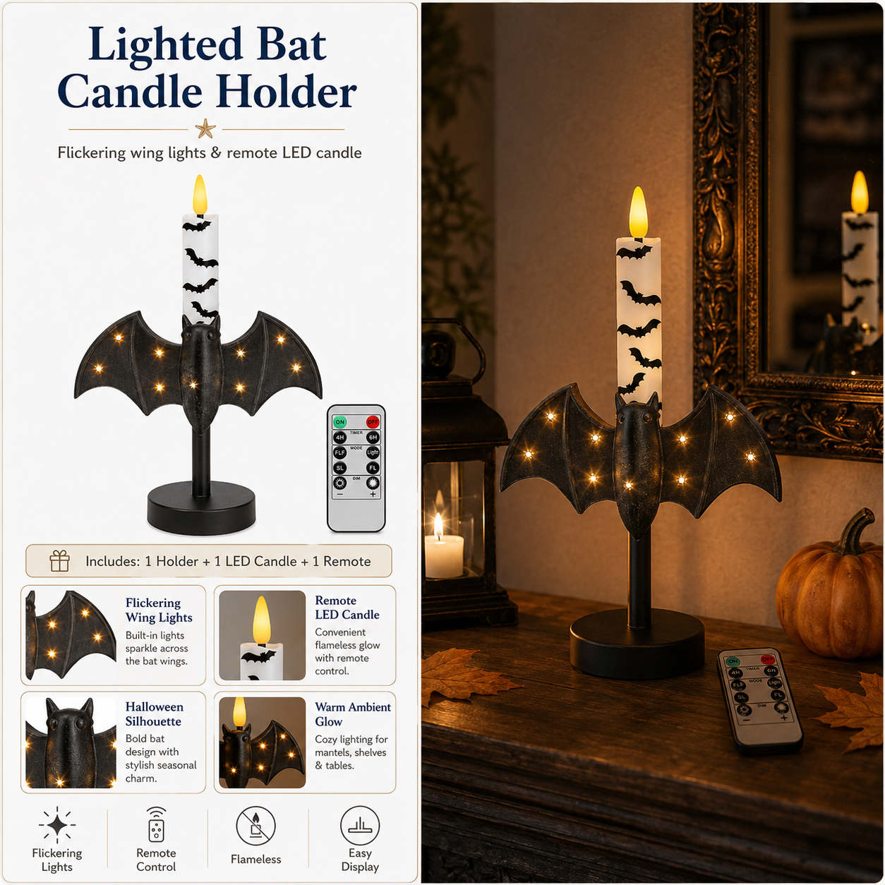 Lighted Bat Candle Holder with Remote-Control LED Candle