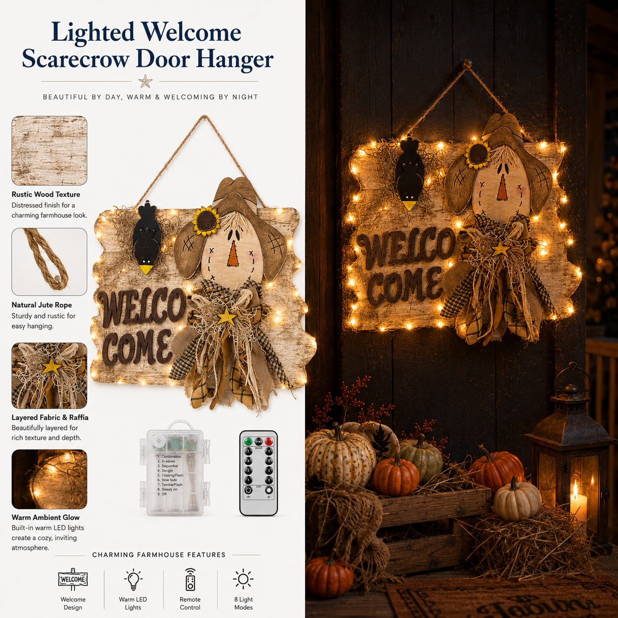 Lighted Welcome Scarecrow Door Hanger