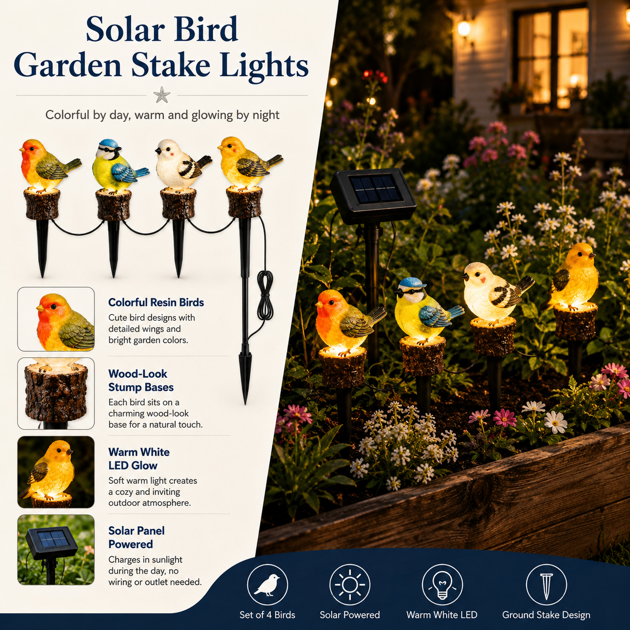 Solar Bird Garden Stake Lights Set of 4