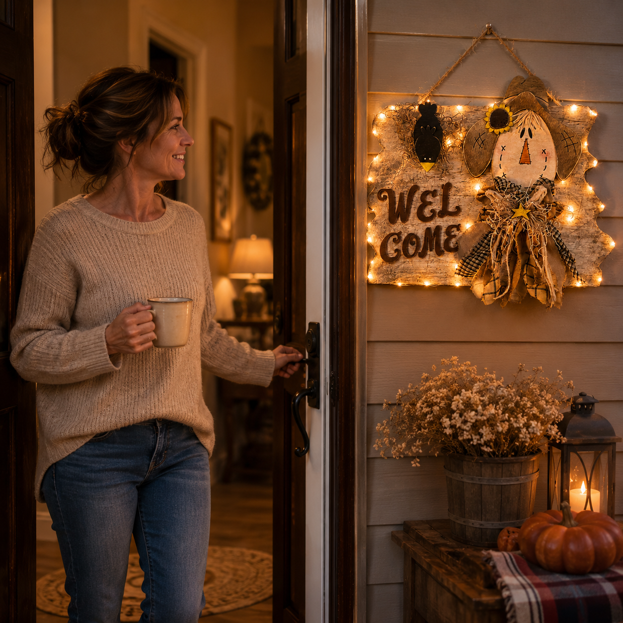 Lighted Welcome Scarecrow Door Hanger