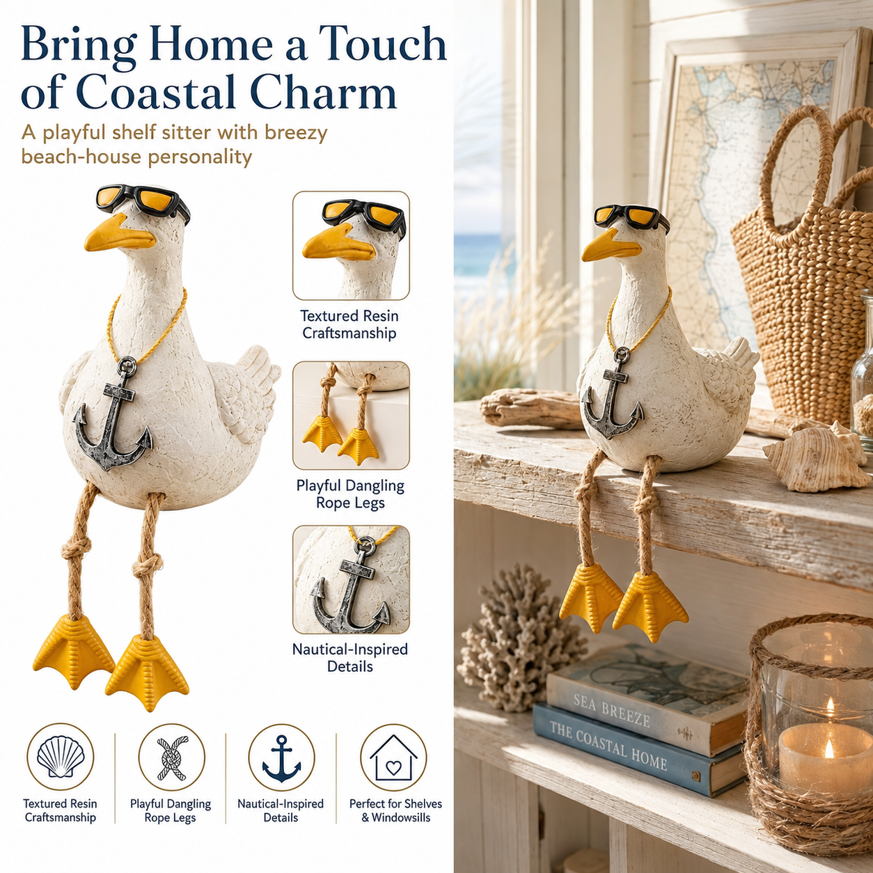Coastal Seagull Shelf Sitter Decor
