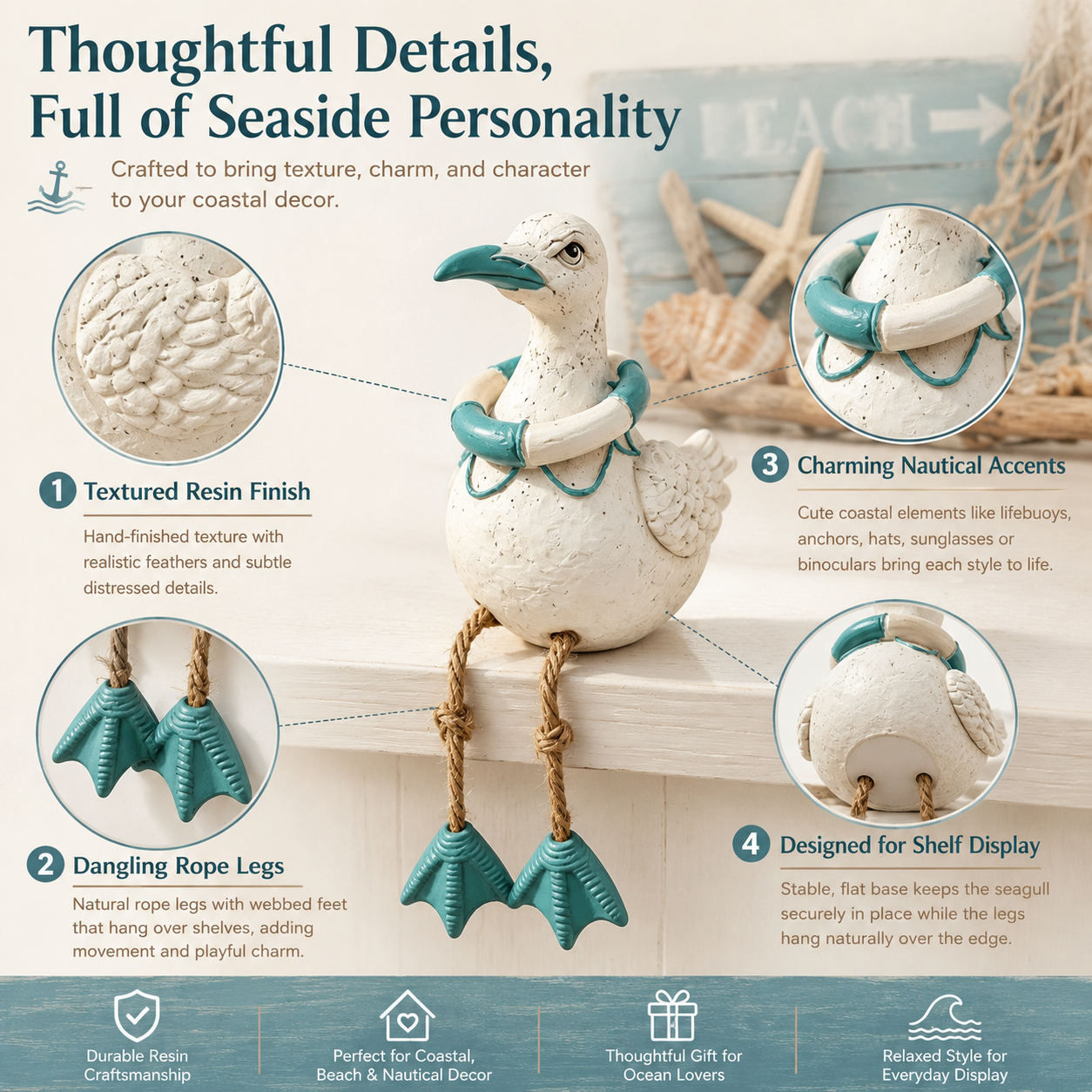 Coastal Seagull Shelf Sitter Decor