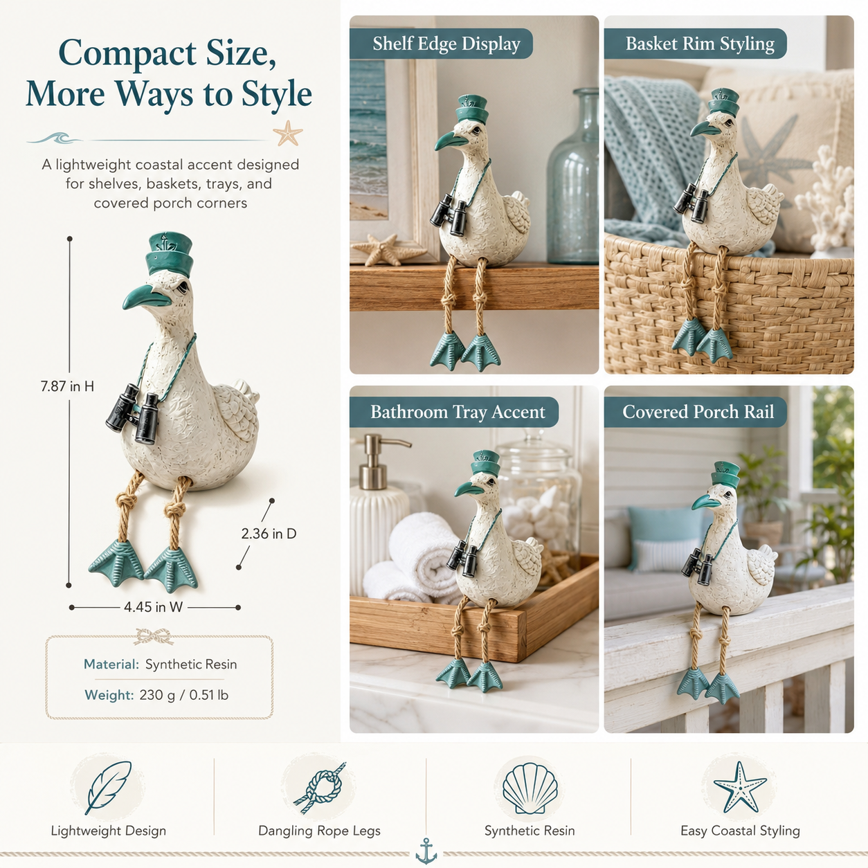 Coastal Seagull Shelf Sitter Decor