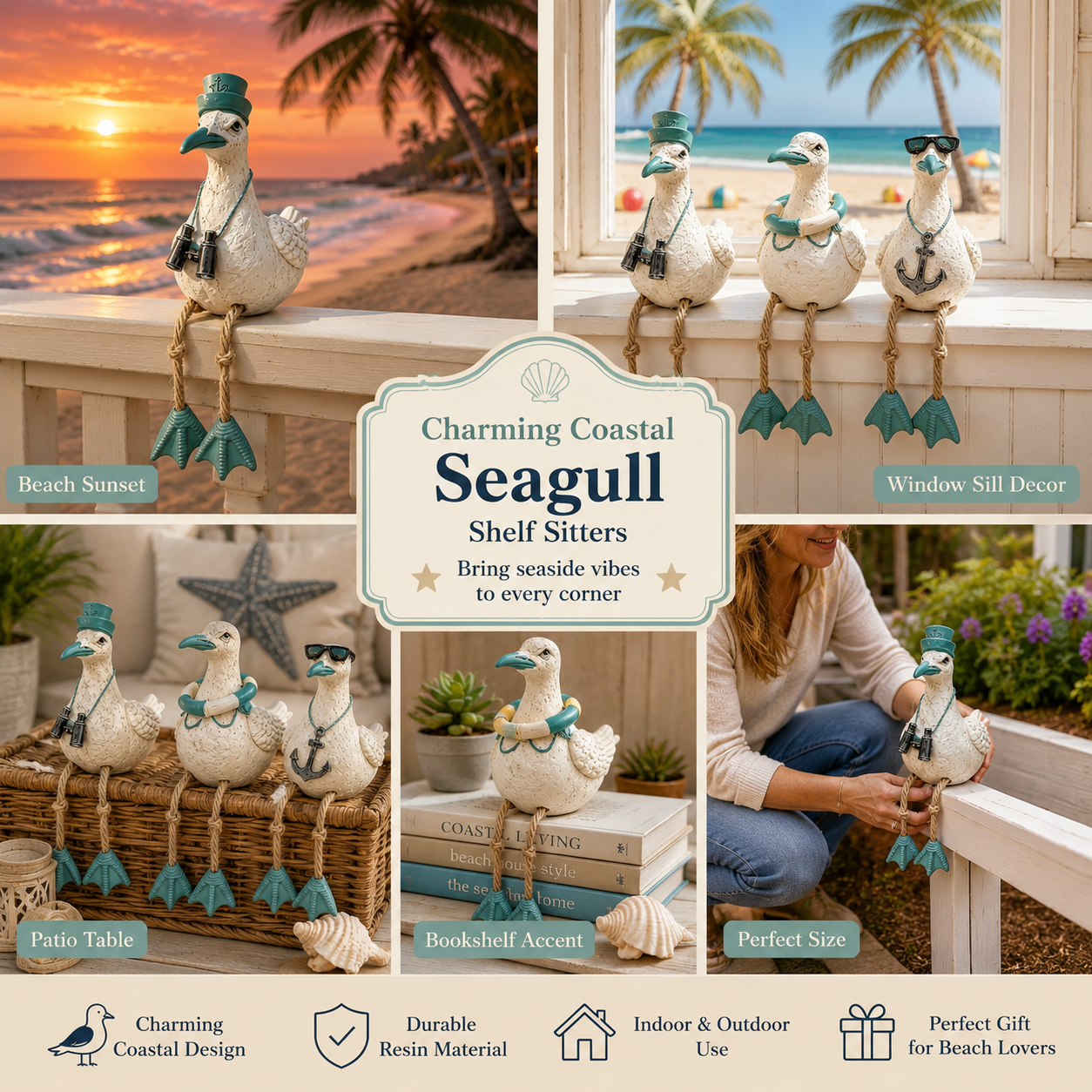 Coastal Seagull Shelf Sitter Decor