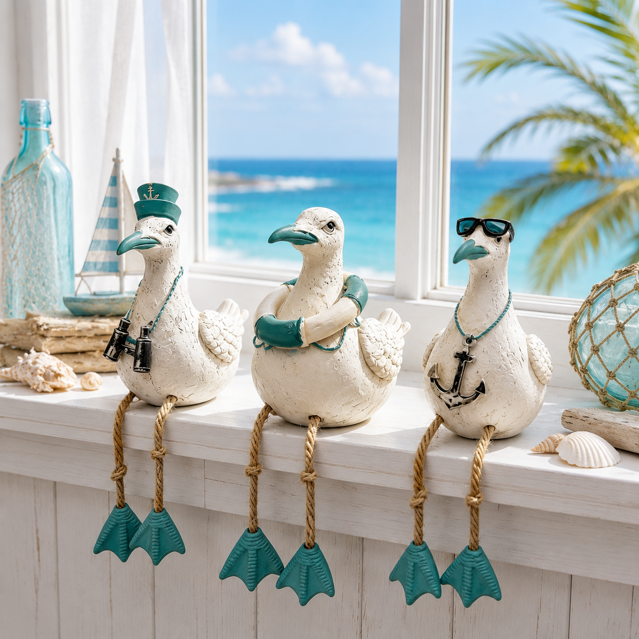 Coastal Seagull Shelf Sitter Decor