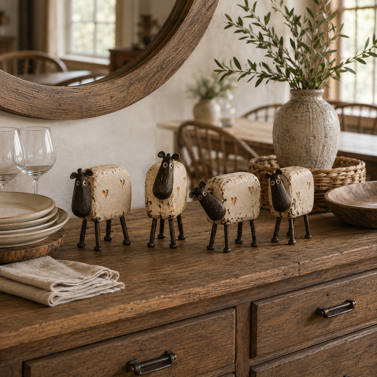 4Pcs Rustic Farmhouse Sheep Figurine Set