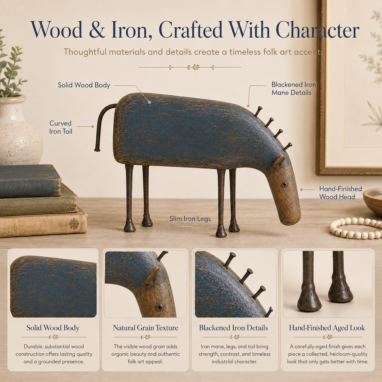 Weathered Indigo Folk Art Horse Figurine