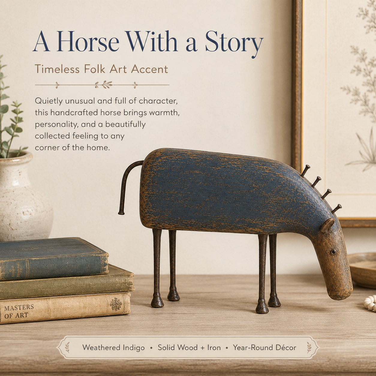 Weathered Indigo Folk Art Horse Figurine