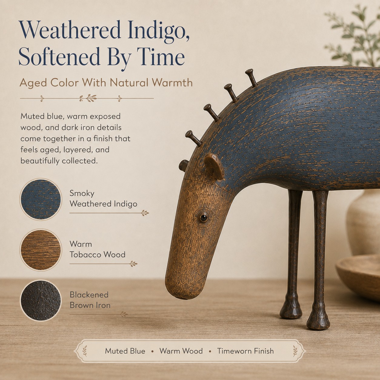 Weathered Indigo Folk Art Horse Figurine
