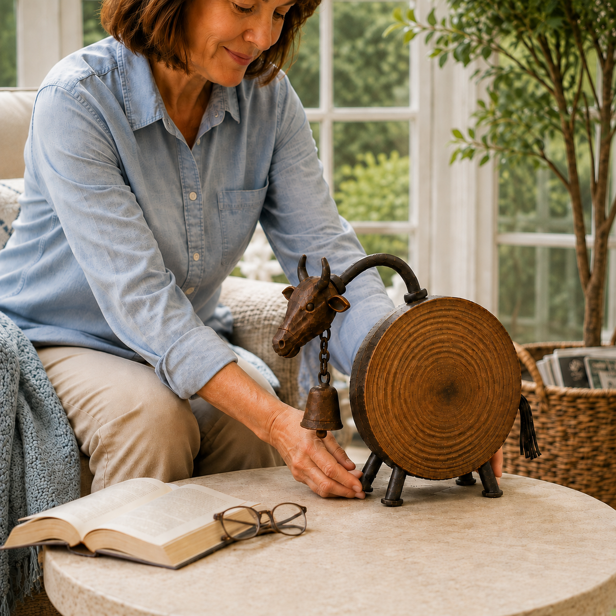Rustic Wood-Look Farmhouse Cow Sculpture