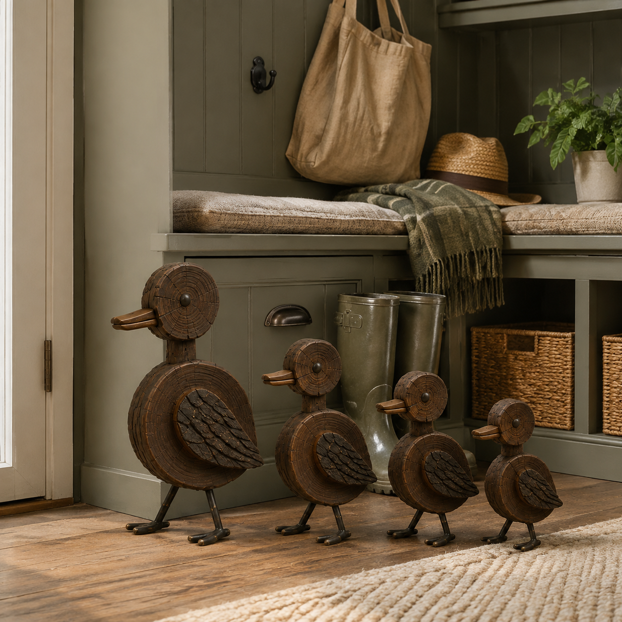 4Pcs Rustic Woodgrain Duck Family Figurines