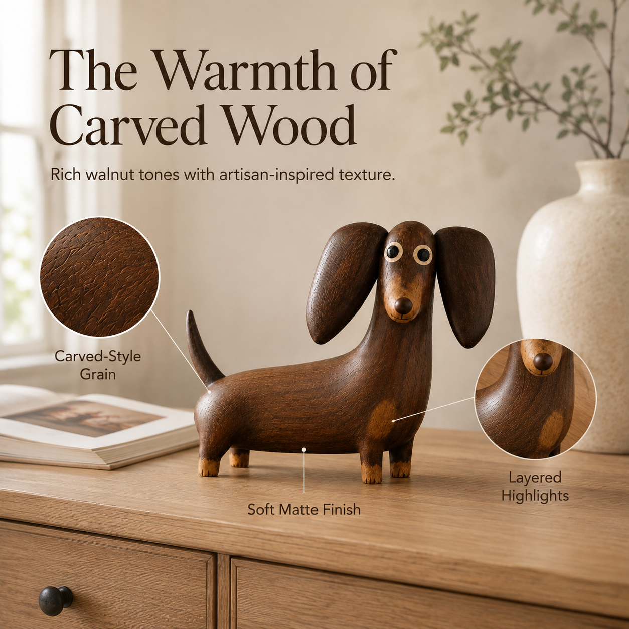 Whimsical Wood-Look Dachshund Sculpture