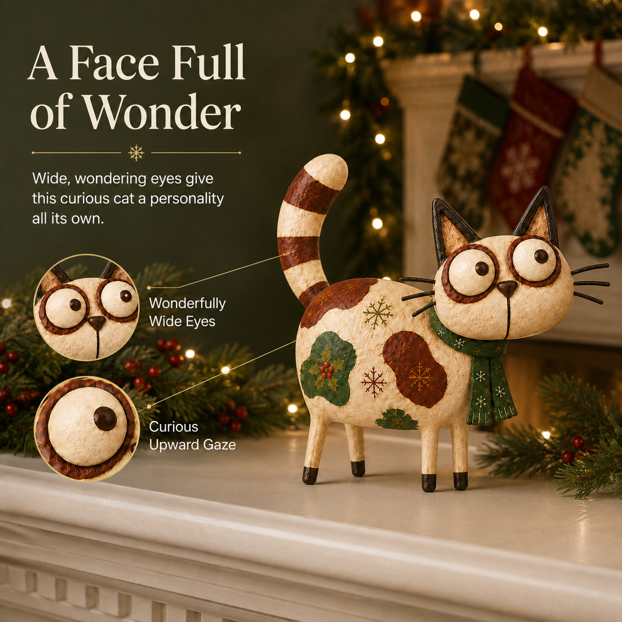 Whimsical Wide-Eyed Christmas Cat Figurine