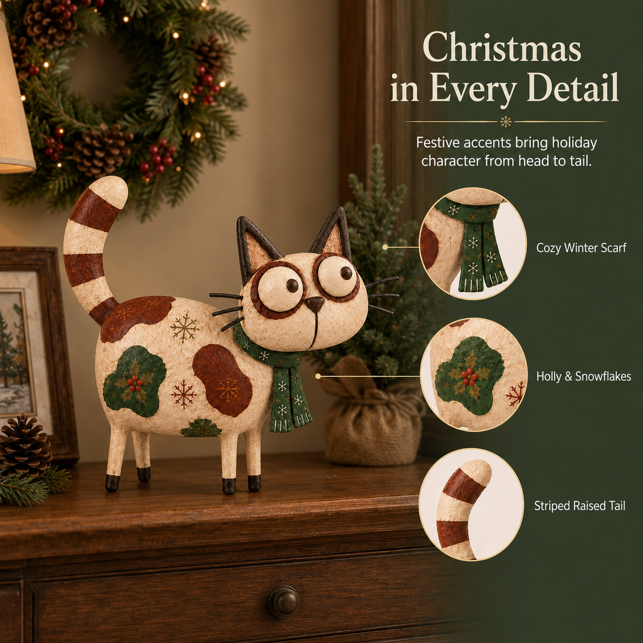 Whimsical Wide-Eyed Christmas Cat Figurine
