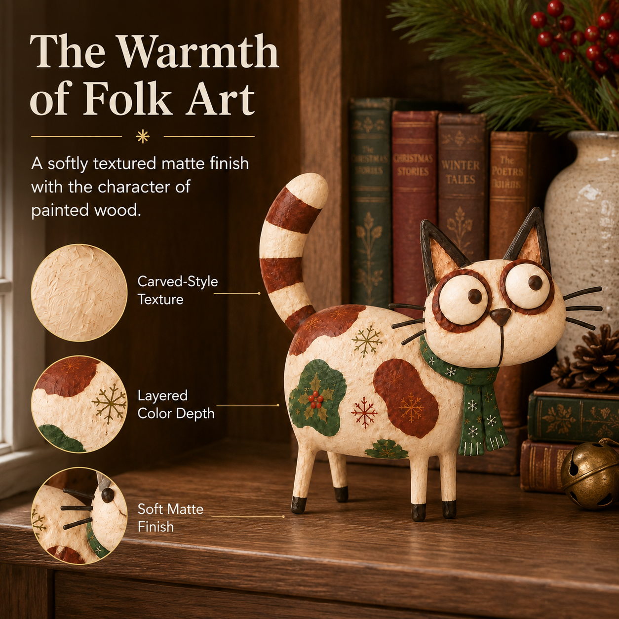 Whimsical Wide-Eyed Christmas Cat Figurine