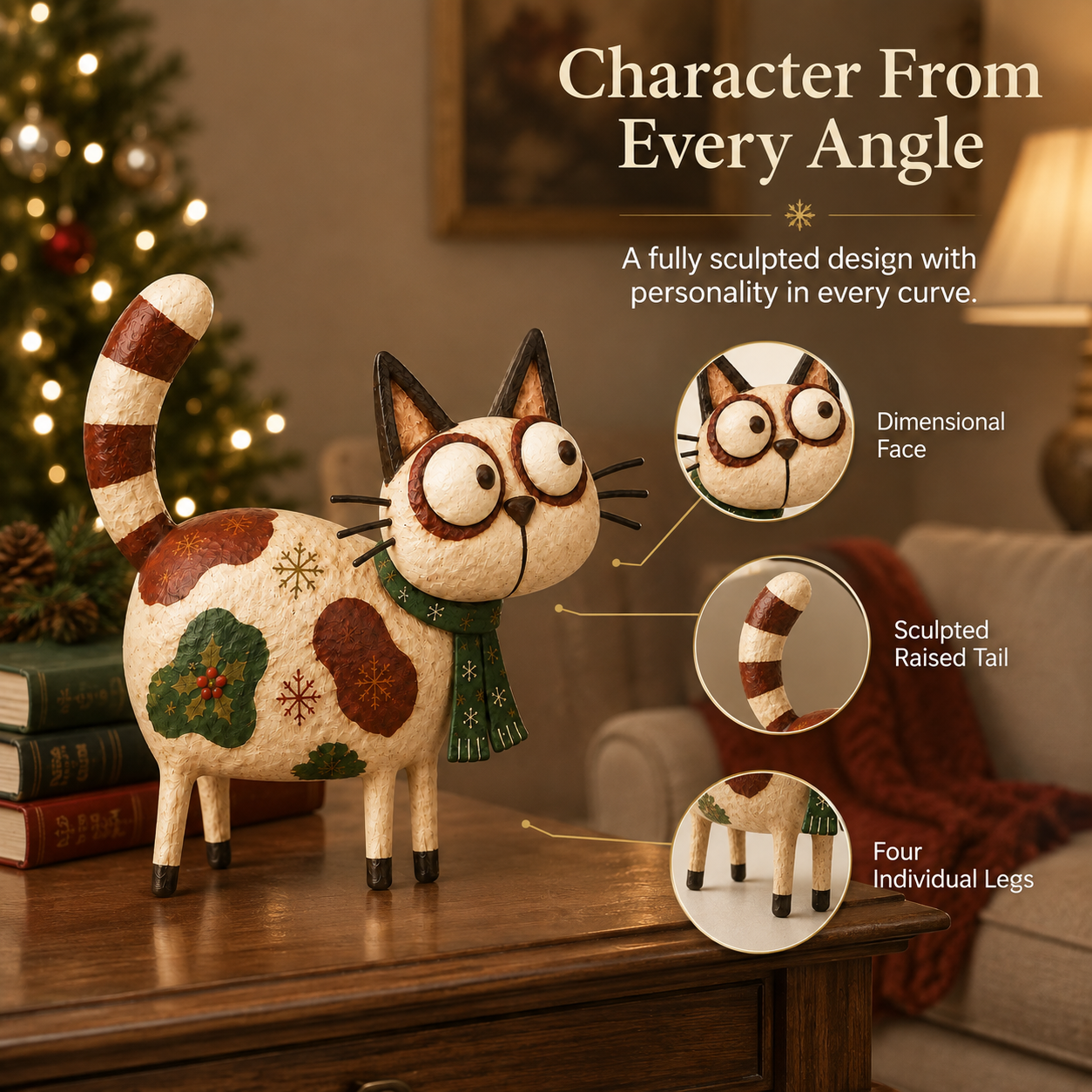 Whimsical Wide-Eyed Christmas Cat Figurine