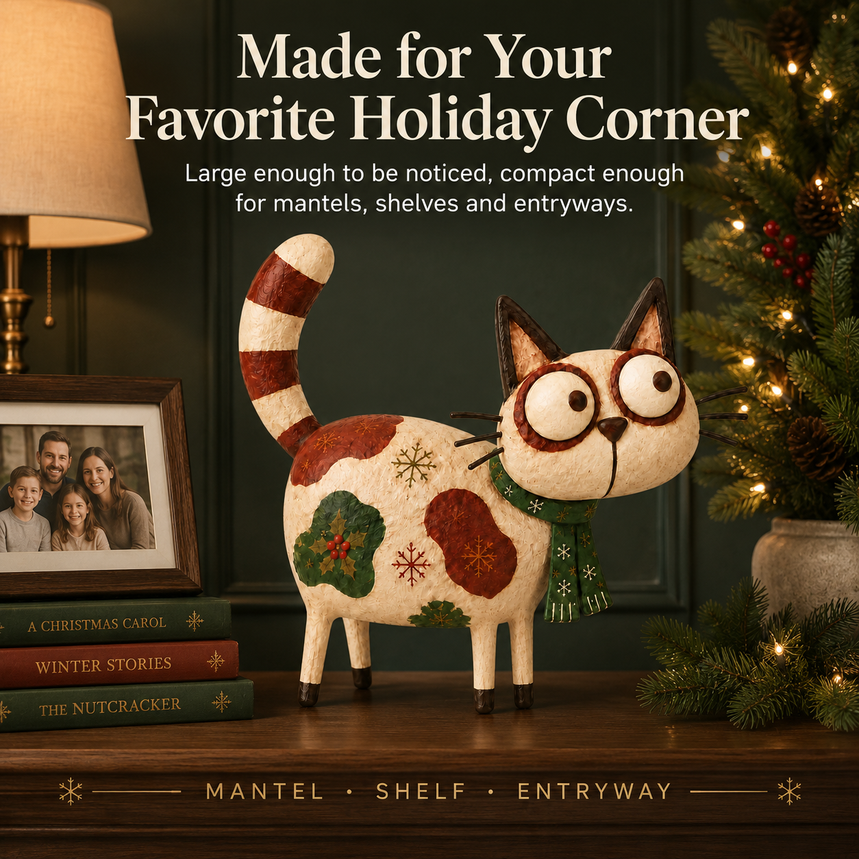 Whimsical Wide-Eyed Christmas Cat Figurine