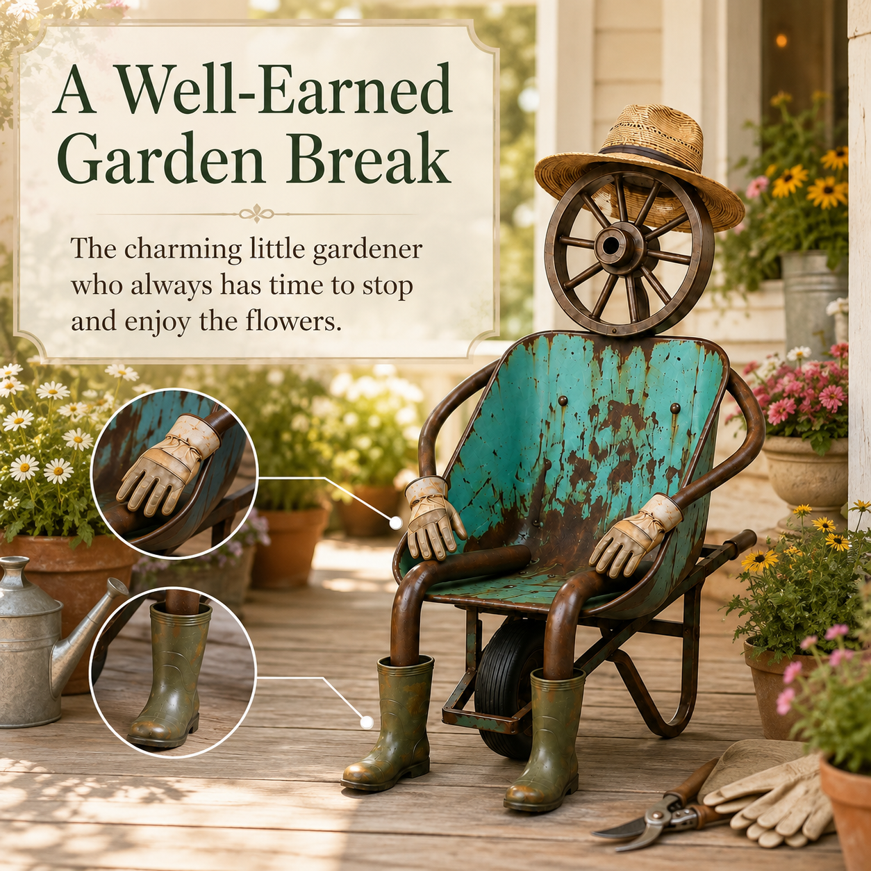 Vintage Wheelbarrow Gardener Sculpture
