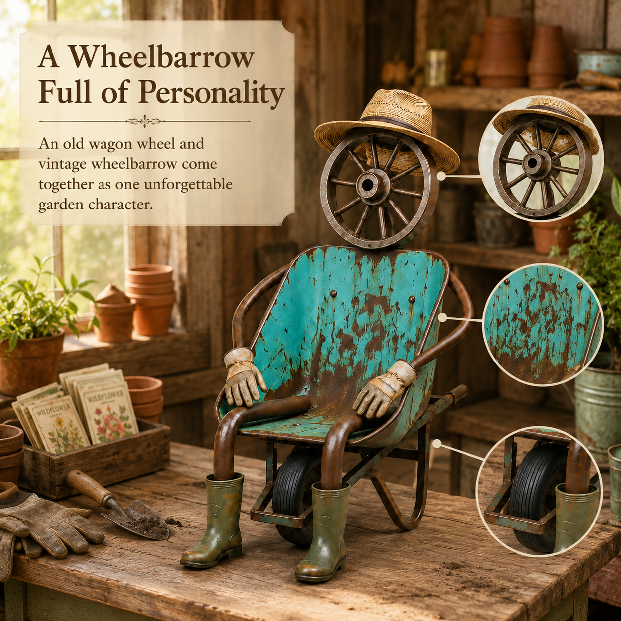 Vintage Wheelbarrow Gardener Sculpture