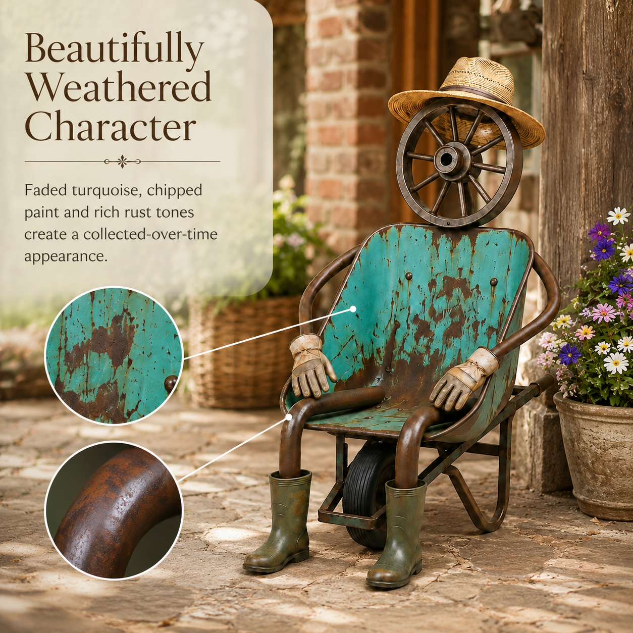 Vintage Wheelbarrow Gardener Sculpture