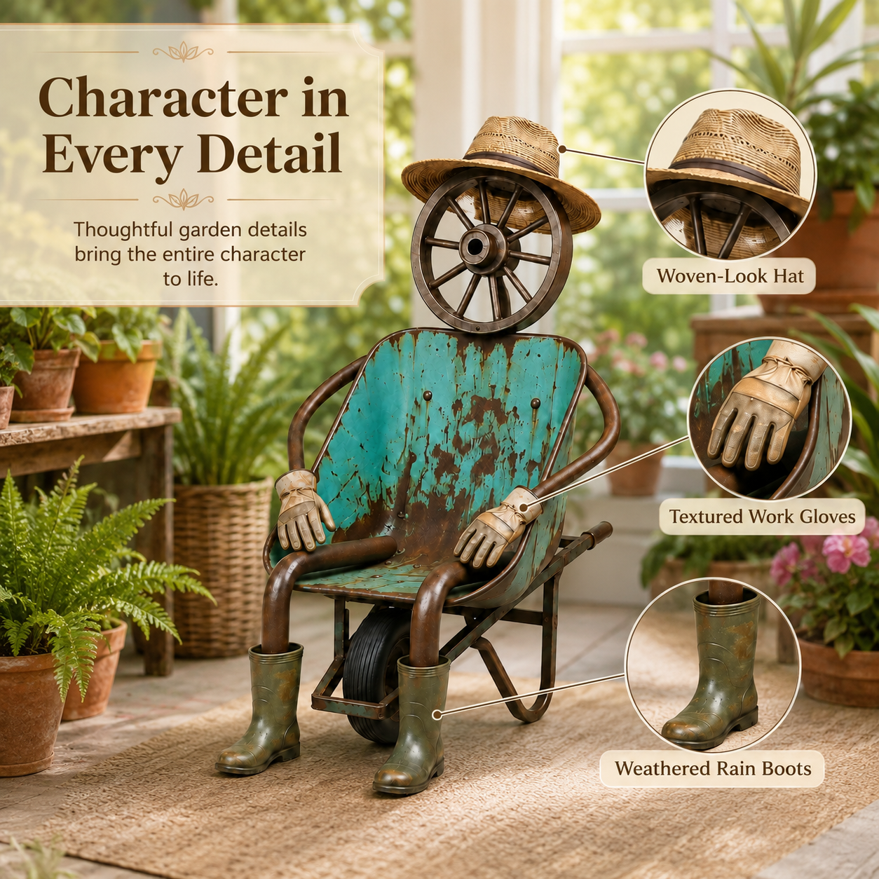Vintage Wheelbarrow Gardener Sculpture