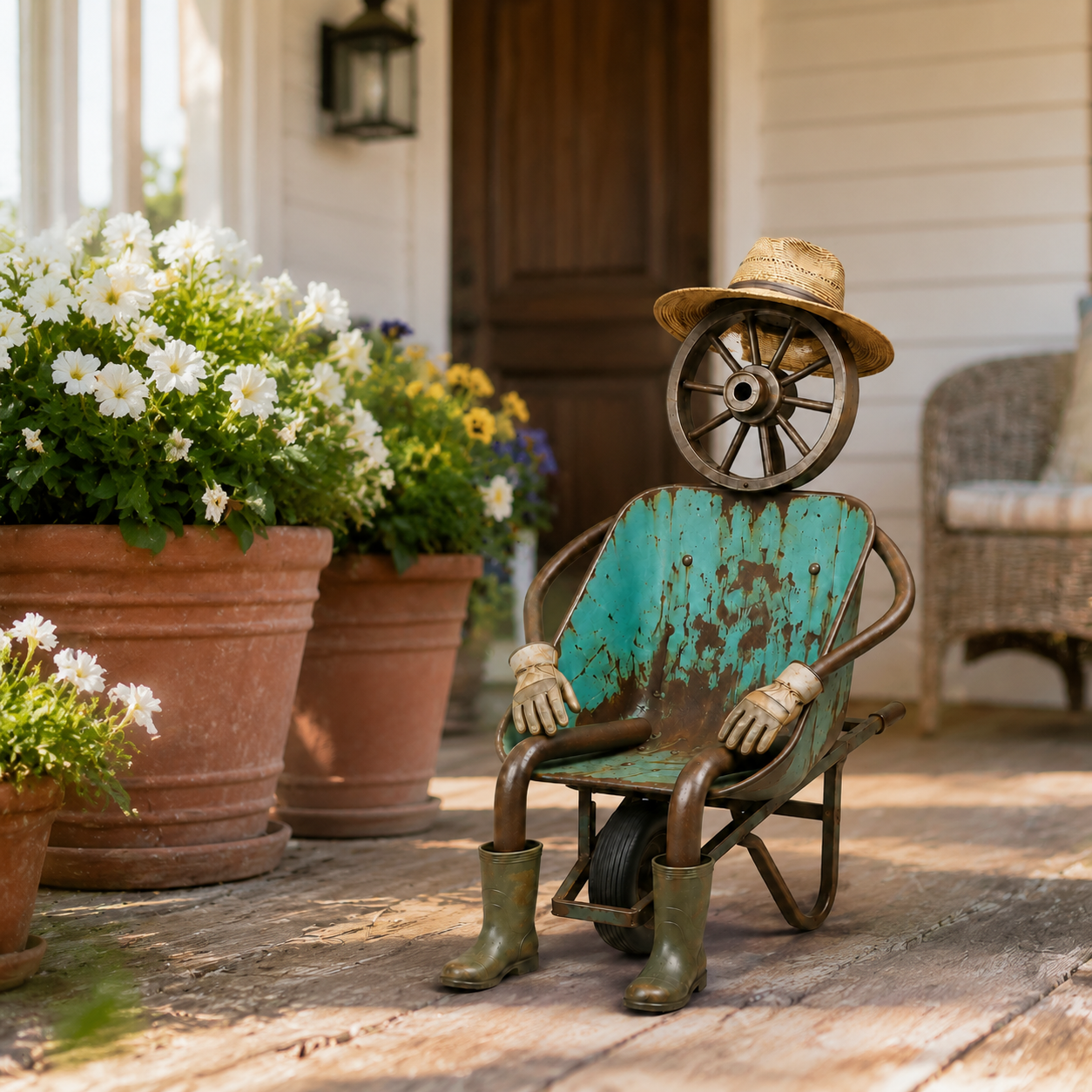 Vintage Wheelbarrow Gardener Sculpture