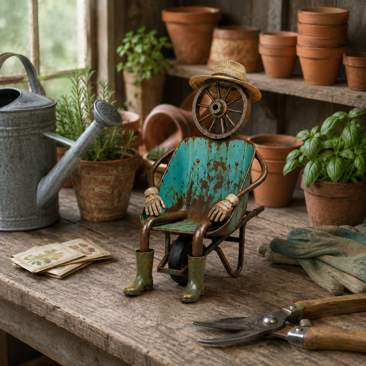 Vintage Wheelbarrow Gardener Sculpture