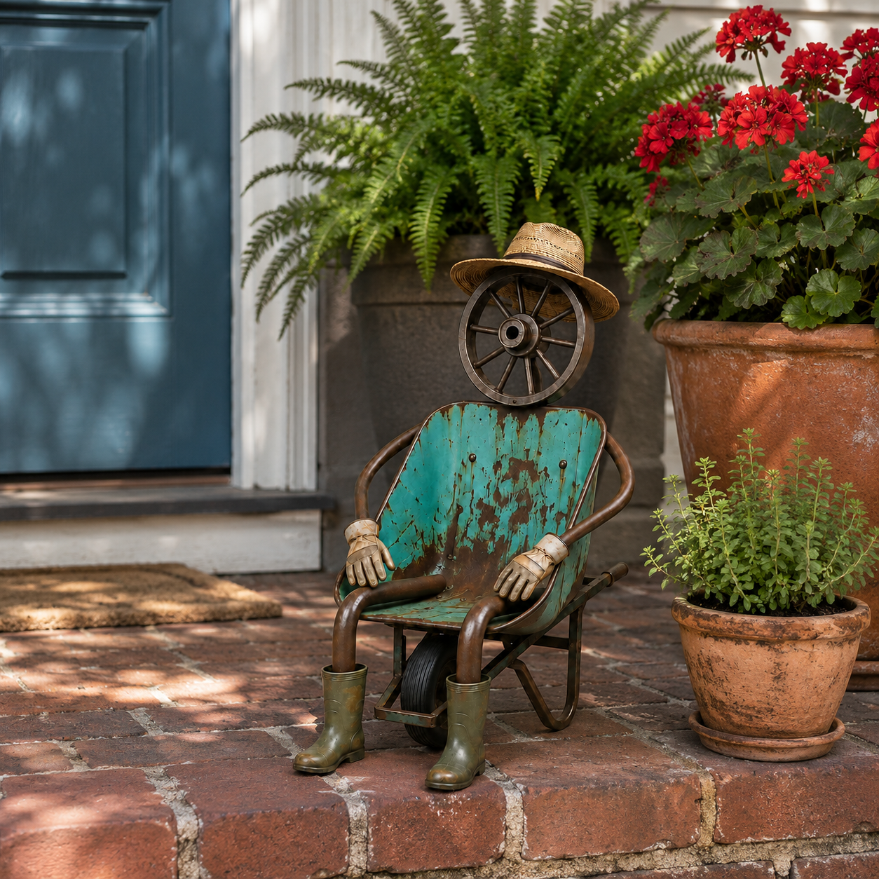 Vintage Wheelbarrow Gardener Sculpture