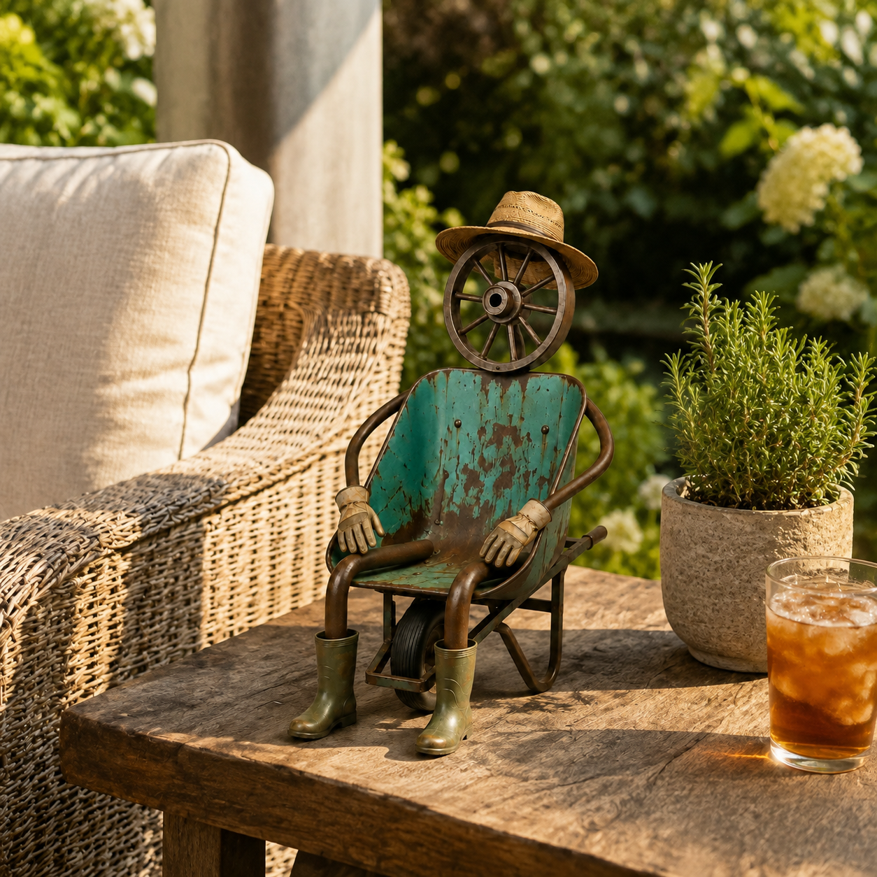Vintage Wheelbarrow Gardener Sculpture