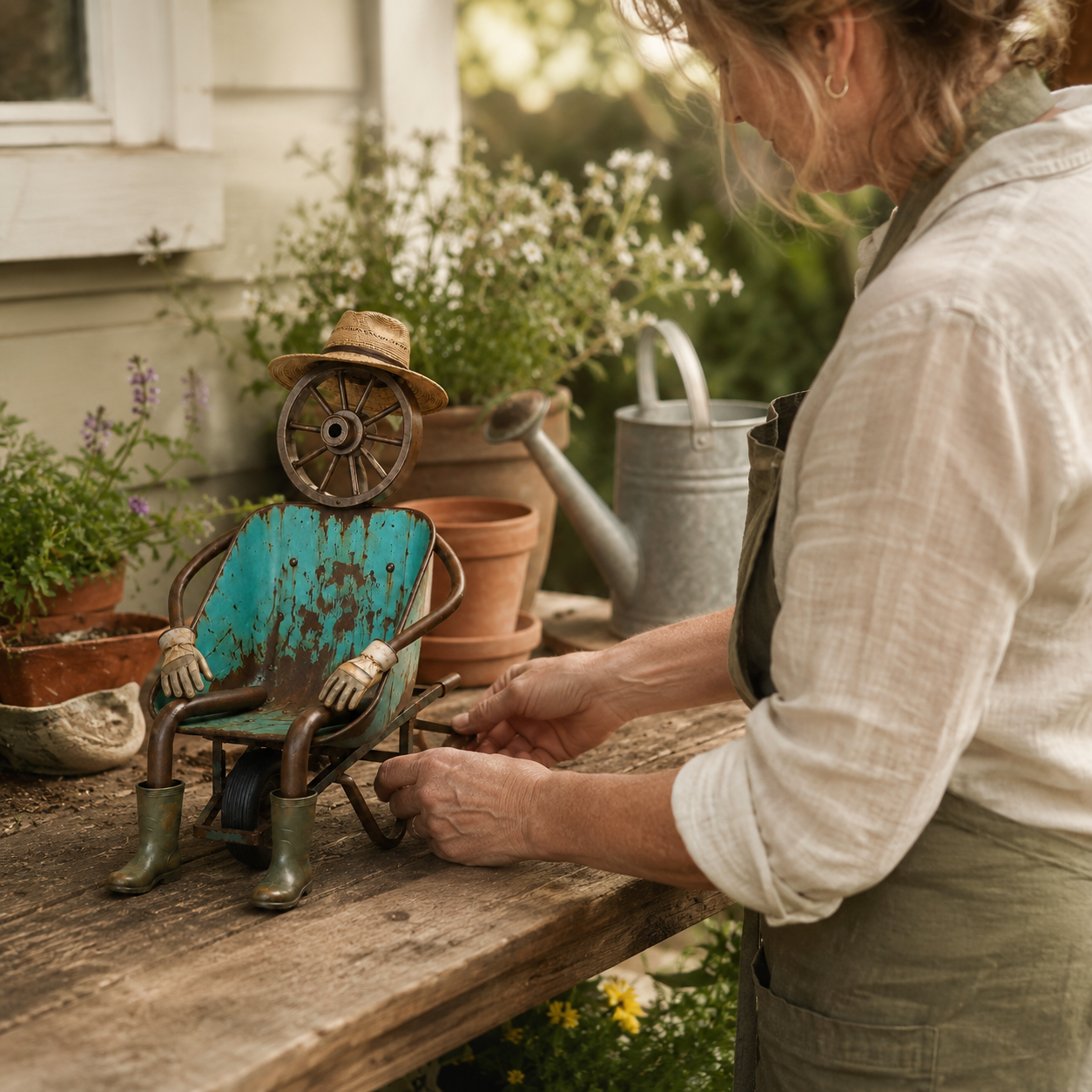 Vintage Wheelbarrow Gardener Sculpture