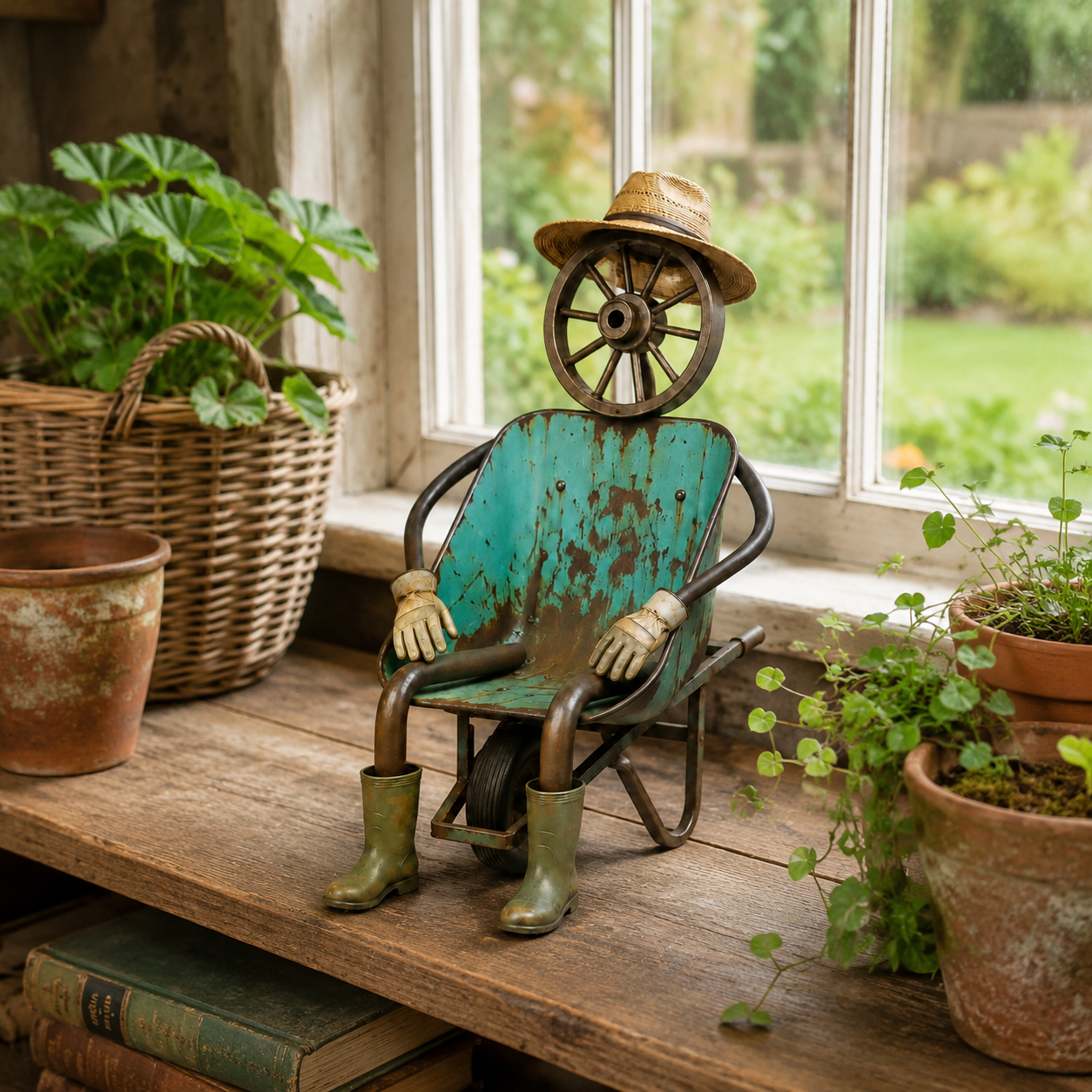 Vintage Wheelbarrow Gardener Sculpture